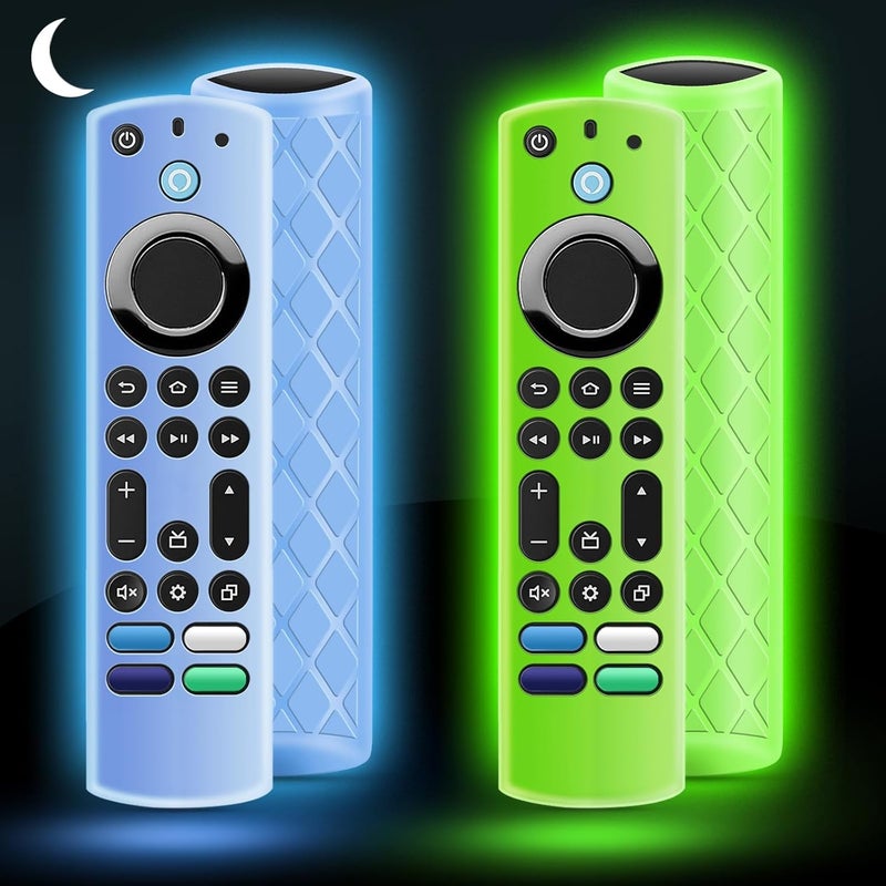 OneBom (2Pcs) Silicone Remote Cover Glow in The Dark for Firetv 4K Max (2nd)/Insignia/Pioneer/Omni (QLED) Series with Lanyard, Lightweight Anti-Slip Shockproof(Glow Green&Glow Blue) - Image 1